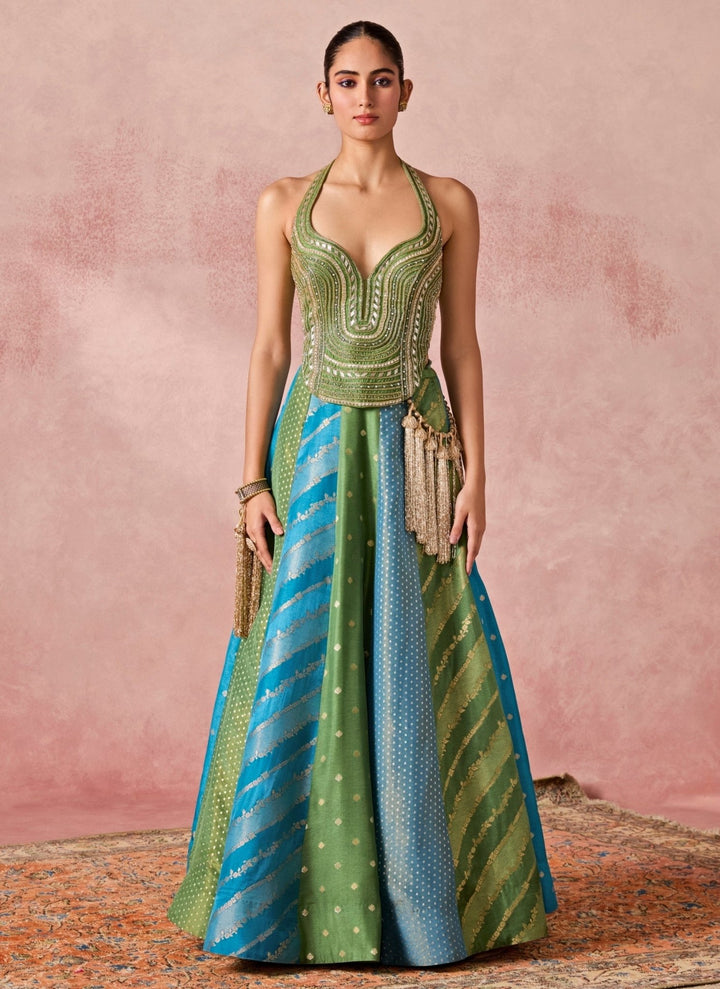 Chamee And Palak Green And Blue Jamewar Corset Lehenga SetFabilicious Fashion