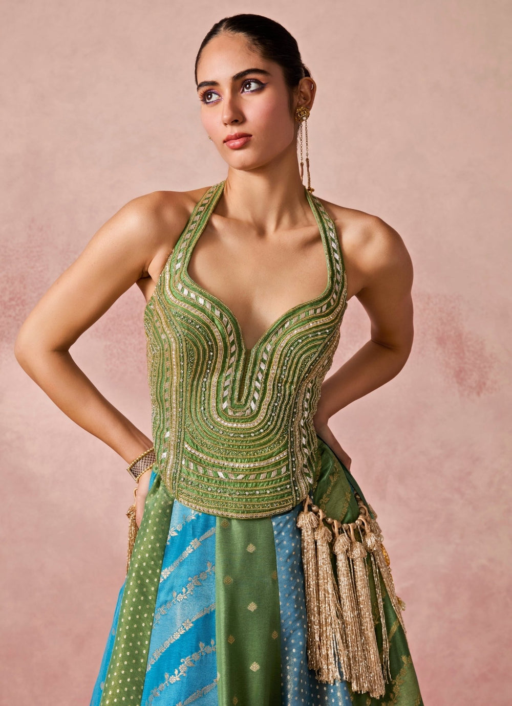 Chamee And Palak Green And Blue Jamewar Corset Lehenga SetFabilicious Fashion