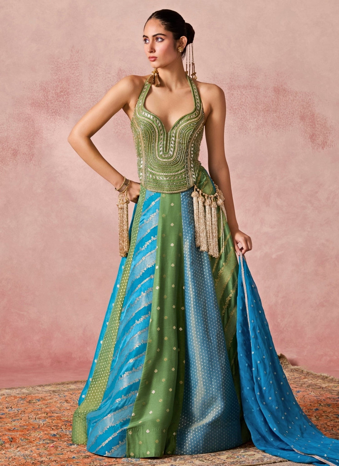 Chamee And Palak Green And Blue Jamewar Corset Lehenga SetFabilicious Fashion