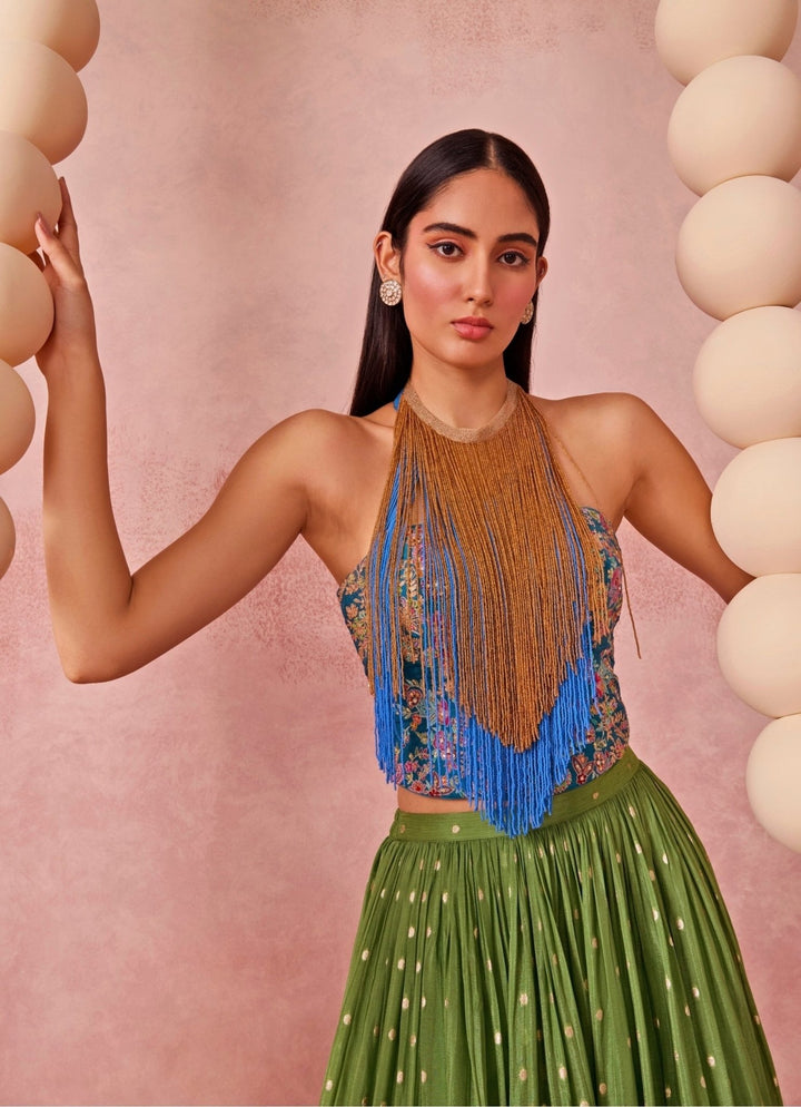 Chamee And Palak Green And Blue Ombre Jamewar Corset Lehenga SetFabilicious Fashion