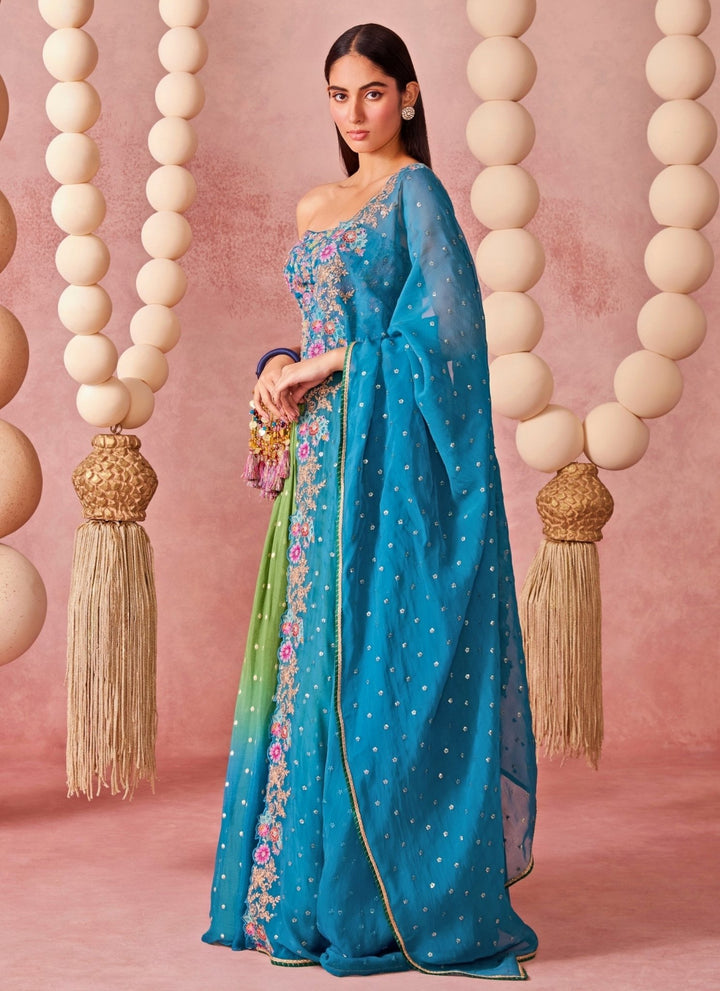 Chamee And Palak Green And Blue Ombre Jamewar Corset Lehenga SetFabilicious Fashion