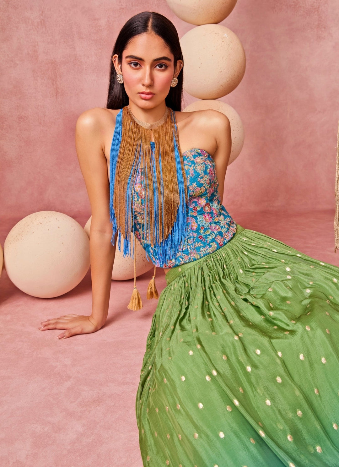 Chamee And Palak Green And Blue Ombre Jamewar Corset Lehenga SetFabilicious Fashion
