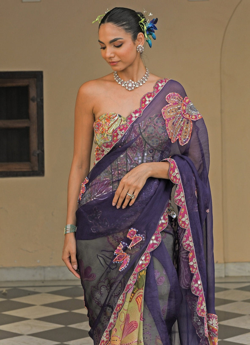 Green And Blue Organza Saree With Corset Juhi Bengani - Fabilicious Fashion