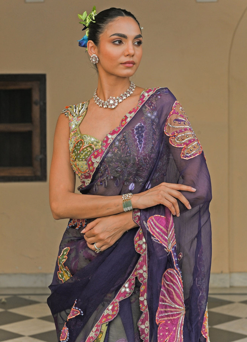 Green And Blue Organza Saree Juhi Bengani - Fabilicious Fashion