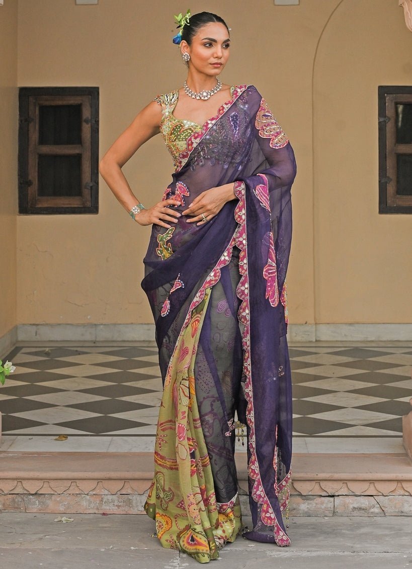 Green And Blue Organza Saree Juhi Bengani - Fabilicious Fashion