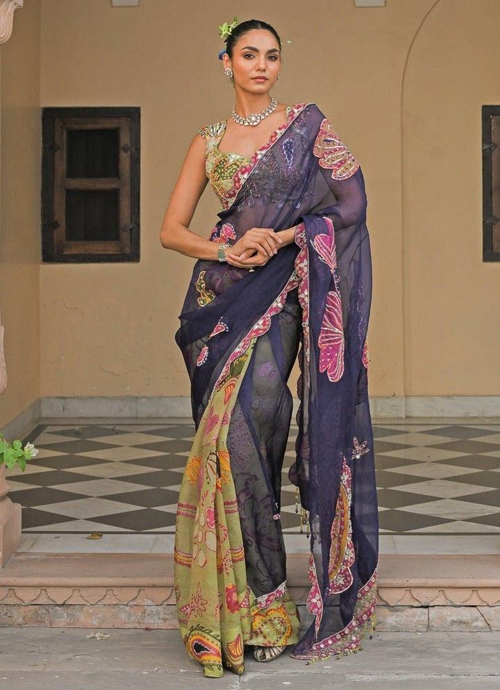 Green And Blue Organza Saree Juhi Bengani - Fabilicious Fashion