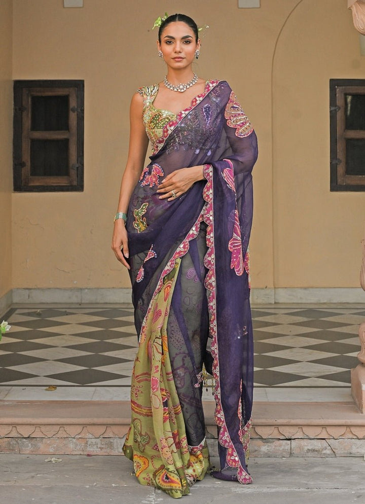 Green And Blue Organza Saree Juhi Bengani - Fabilicious Fashion