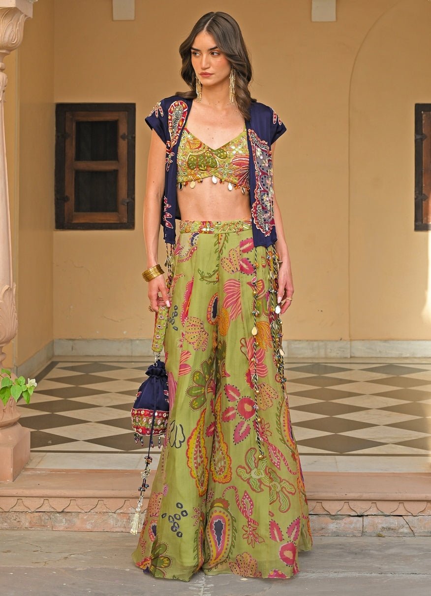 Juhi Bengani Green And Blue Organza Satin Pants Set With JacketFabilicious Fashion