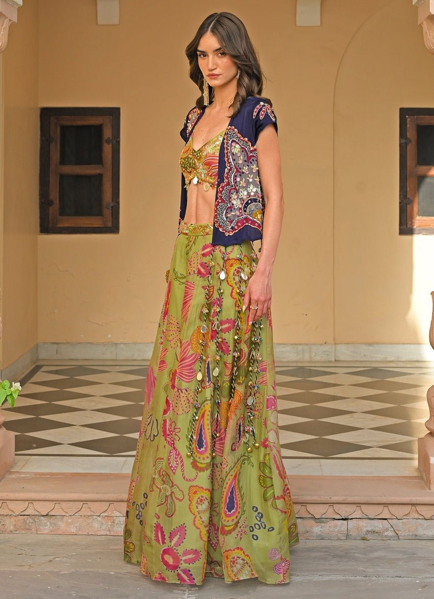 Juhi Bengani Green And Blue Organza Satin Pants Set With JacketFabilicious Fashion