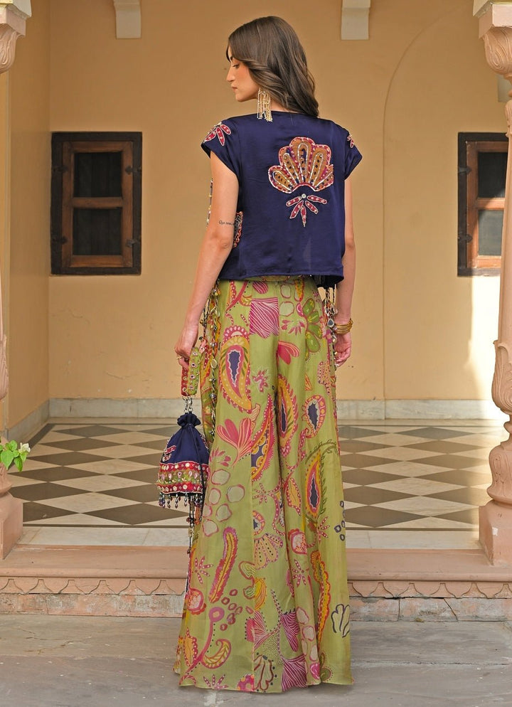 Juhi Bengani Green And Blue Organza Satin Pants Set With JacketFabilicious Fashion