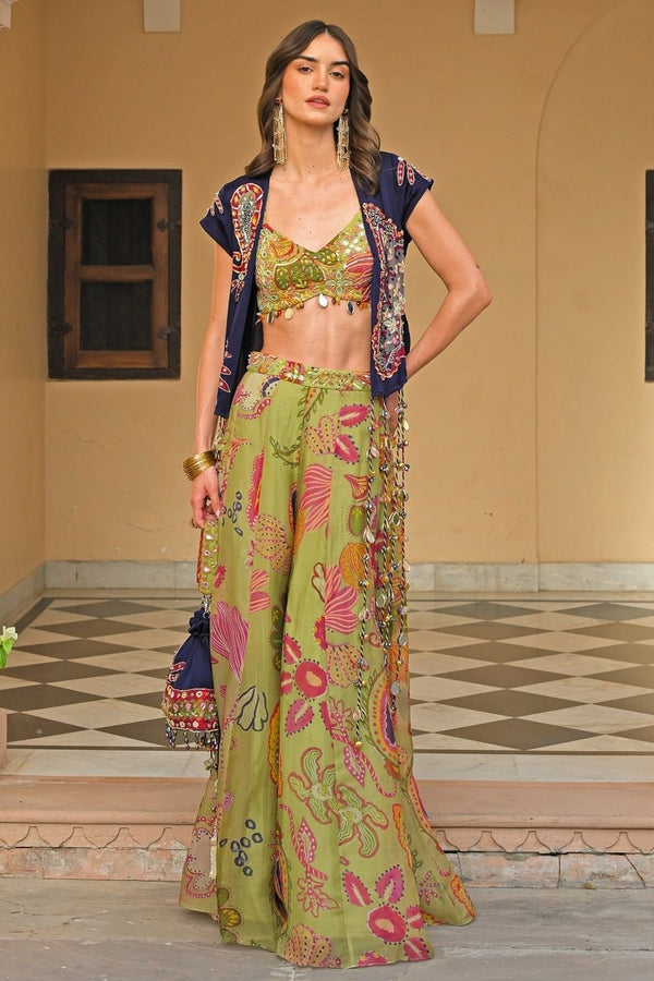 Juhi Bengani green and blue organza satin pants set with jacket for Diwali