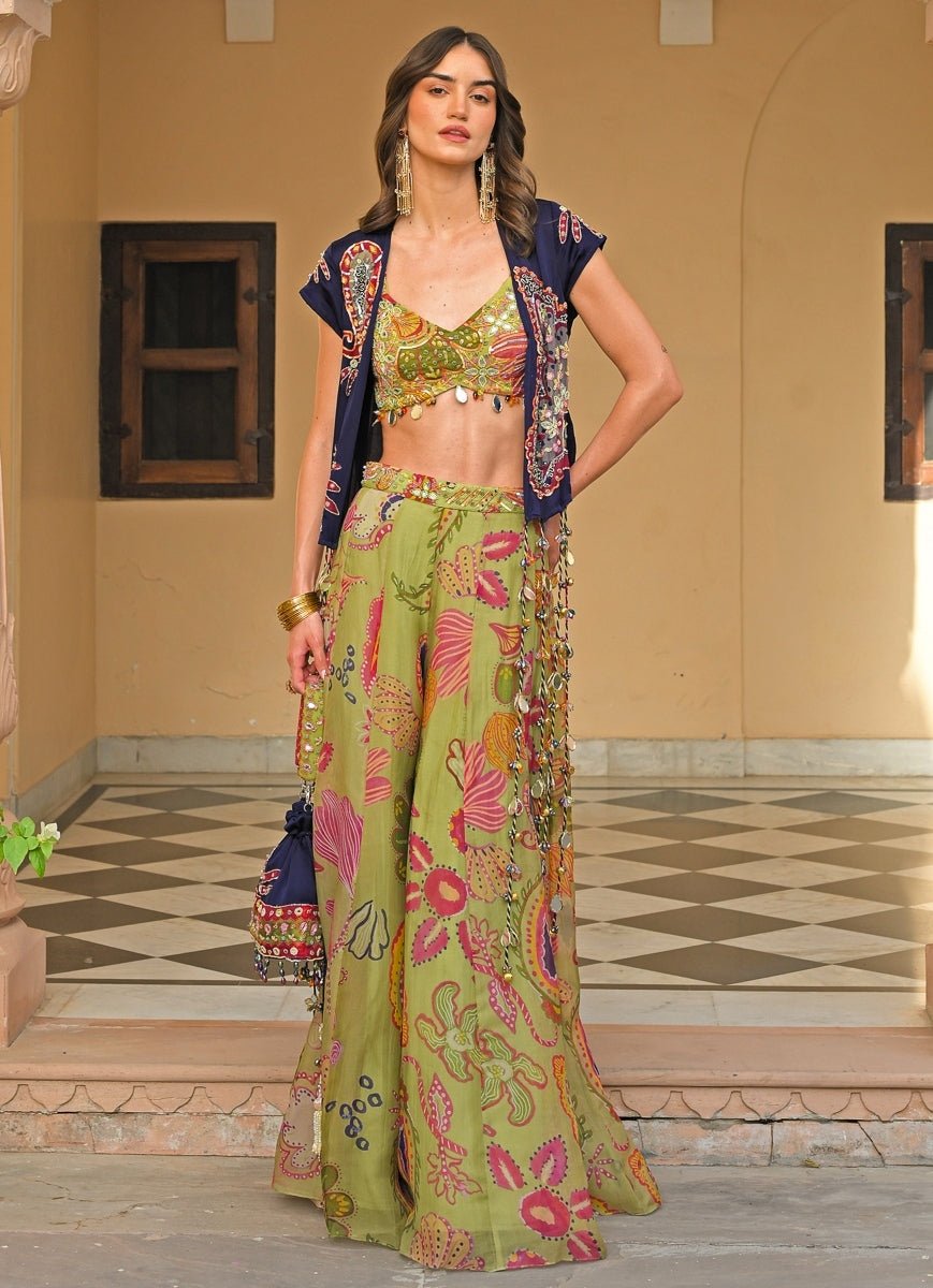 Green And Blue Organza Satin Pants Set With Jacket Juhi Bengani - Fabilicious Fashion