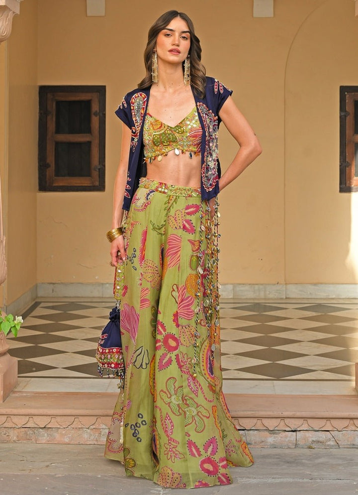 Juhi Bengani Green And Blue Organza Satin Pants Set With JacketFabilicious Fashion