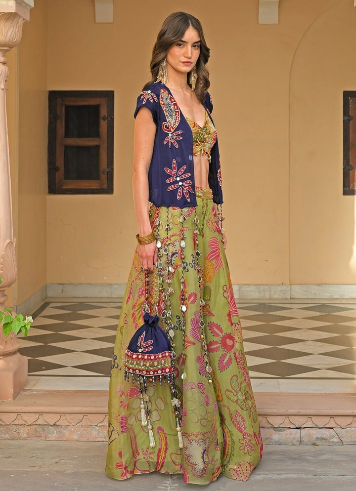 Juhi Bengani Green And Blue Organza Satin Pants Set With JacketFabilicious Fashion