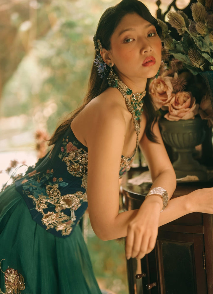 Paulmi and Harsh Green And Blue Printed Organza Corset Lehenga SetFabilicious Fashion