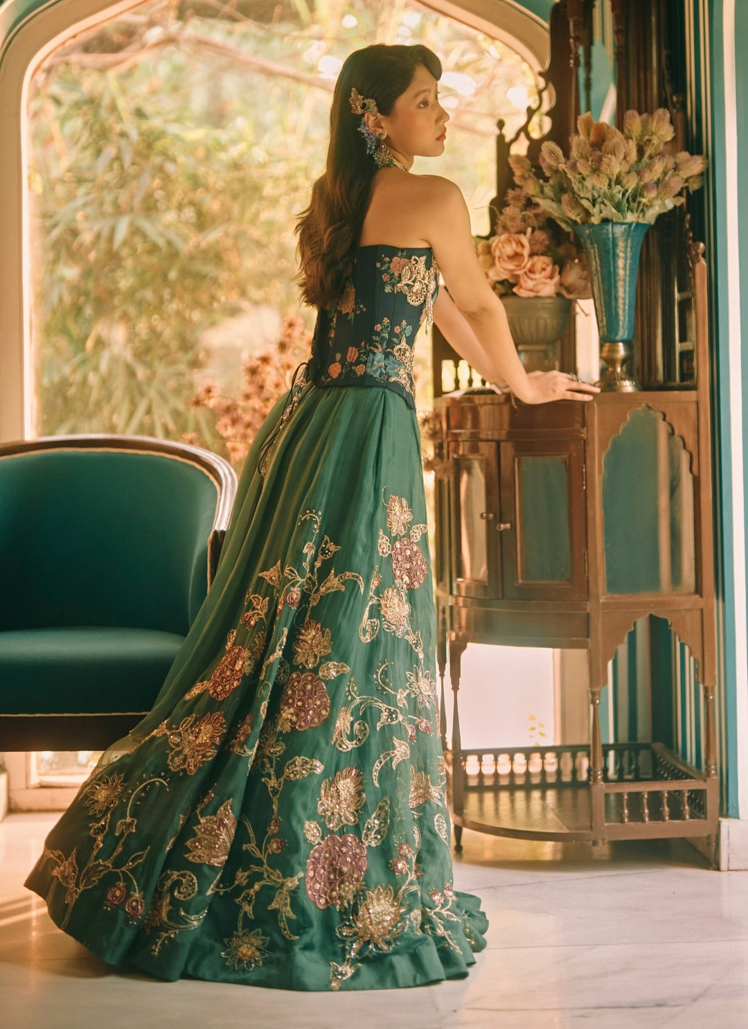 Paulmi and Harsh Green And Blue Printed Organza Corset Lehenga SetFabilicious Fashion