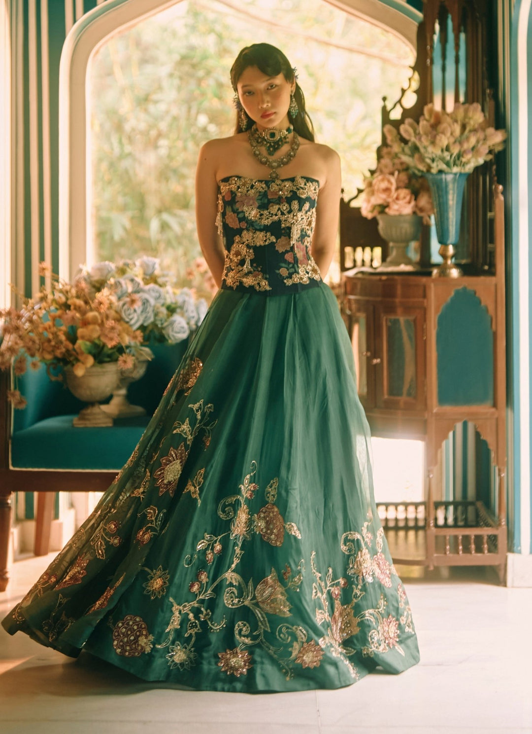 Paulmi and Harsh Green And Blue Printed Organza Corset Lehenga SetFabilicious Fashion