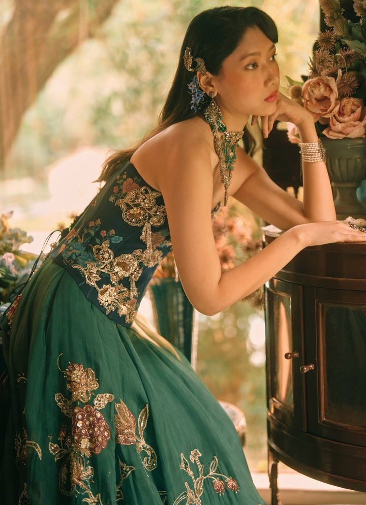 Paulmi and Harsh Green And Blue Printed Organza Corset Lehenga SetFabilicious Fashion