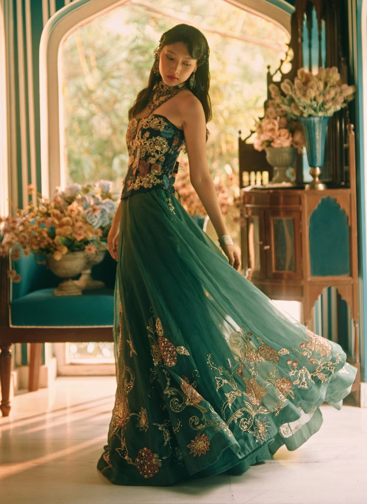 Paulmi and Harsh Green And Blue Printed Organza Corset Lehenga SetFabilicious Fashion