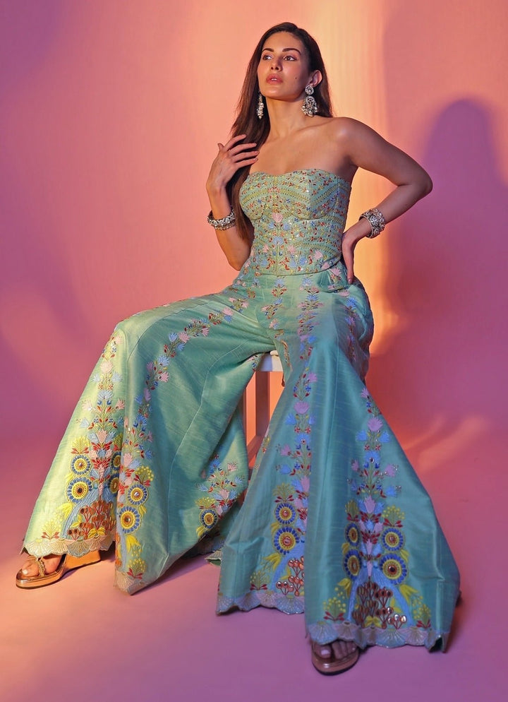 Green And Blue Silk Corset Pants Set Chamee and Palak - Fabilicious Fashion