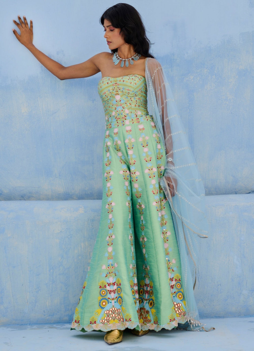 Green And Blue Silk Corset Pants Set Chamee and Palak - Fabilicious Fashion