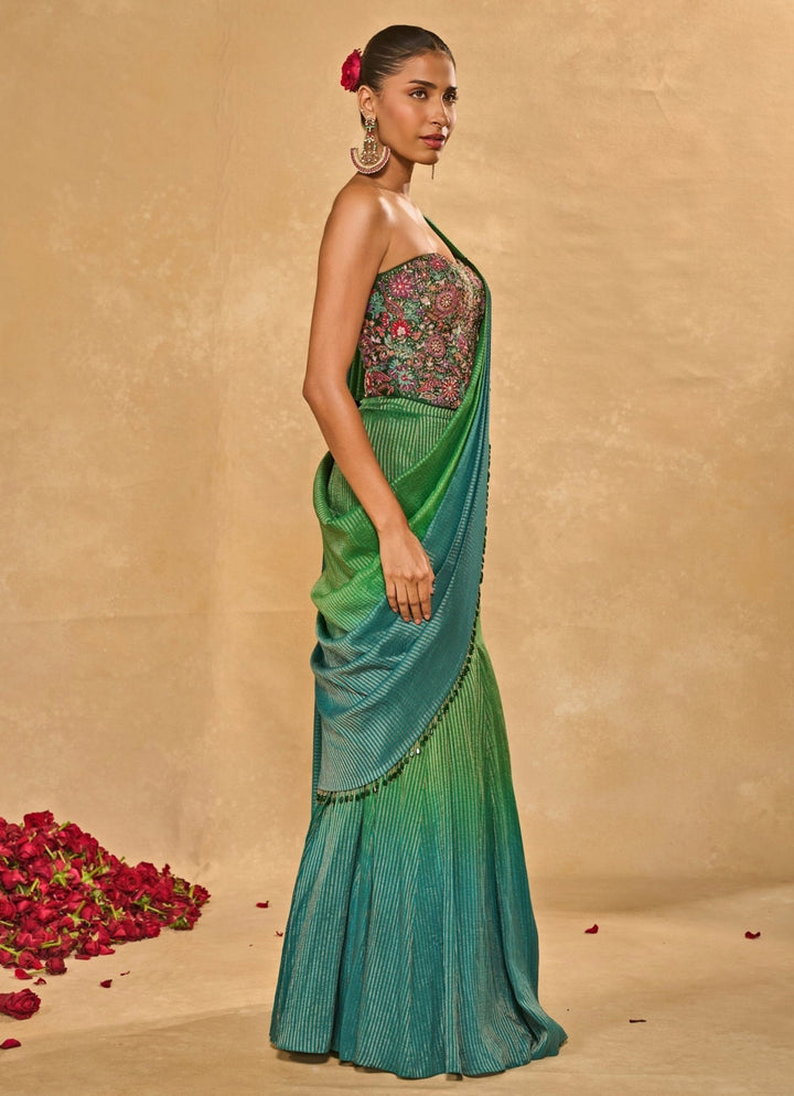 Green And Blue Tissue Jamewar Ombre Corset Pre - Draped Saree Chamee and Palak - Fabilicious Fashion
