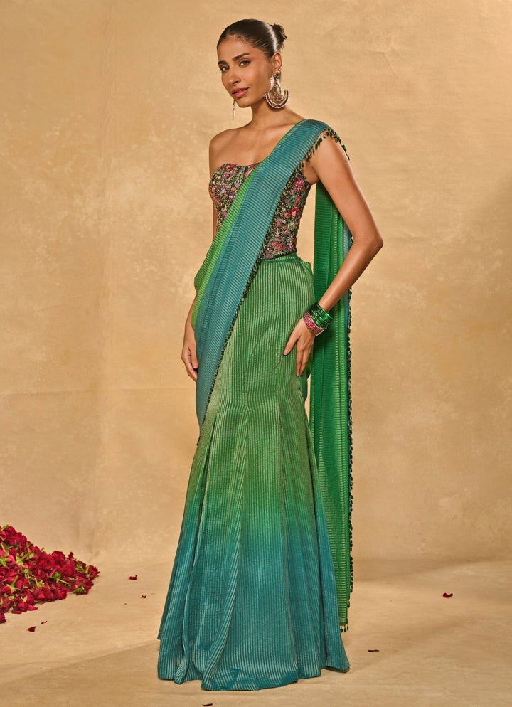 Green And Blue Tissue Jamewar Ombre Corset Pre - Draped Saree Chamee and Palak - Fabilicious Fashion