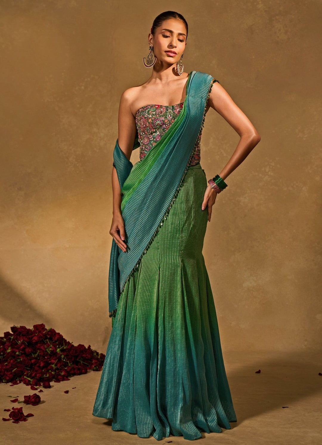 Green And Blue Tissue Jamewar Ombre Corset Pre - Draped Saree Chamee and Palak - Fabilicious Fashion
