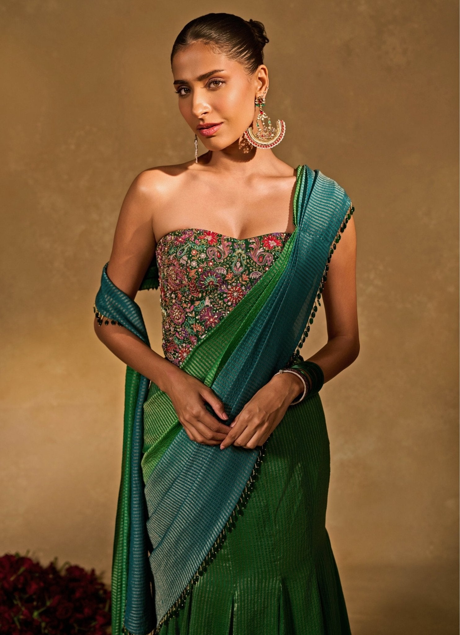 Green and blue tissue jamewar ombre corset pre-draped saree by Chamee and Palak — the corset saree silhouette in its most editorial expression