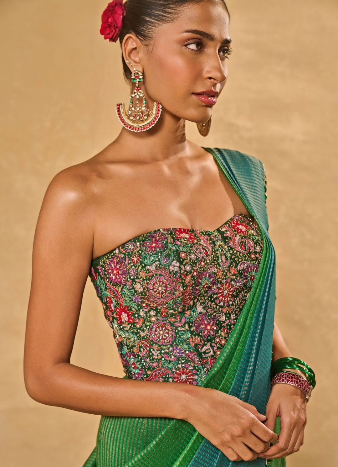 Green And Blue Tissue Jamewar Ombre Corset Pre - Draped Saree Chamee and Palak - Fabilicious Fashion