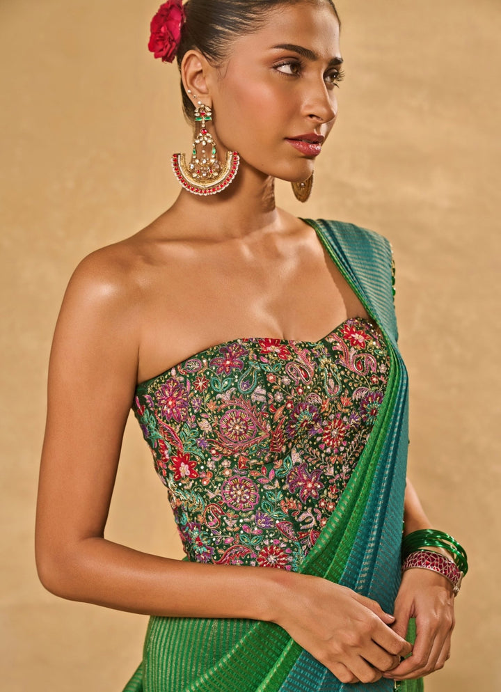 Green And Blue Tissue Jamewar Ombre Corset Pre - Draped Saree Chamee and Palak - Fabilicious Fashion