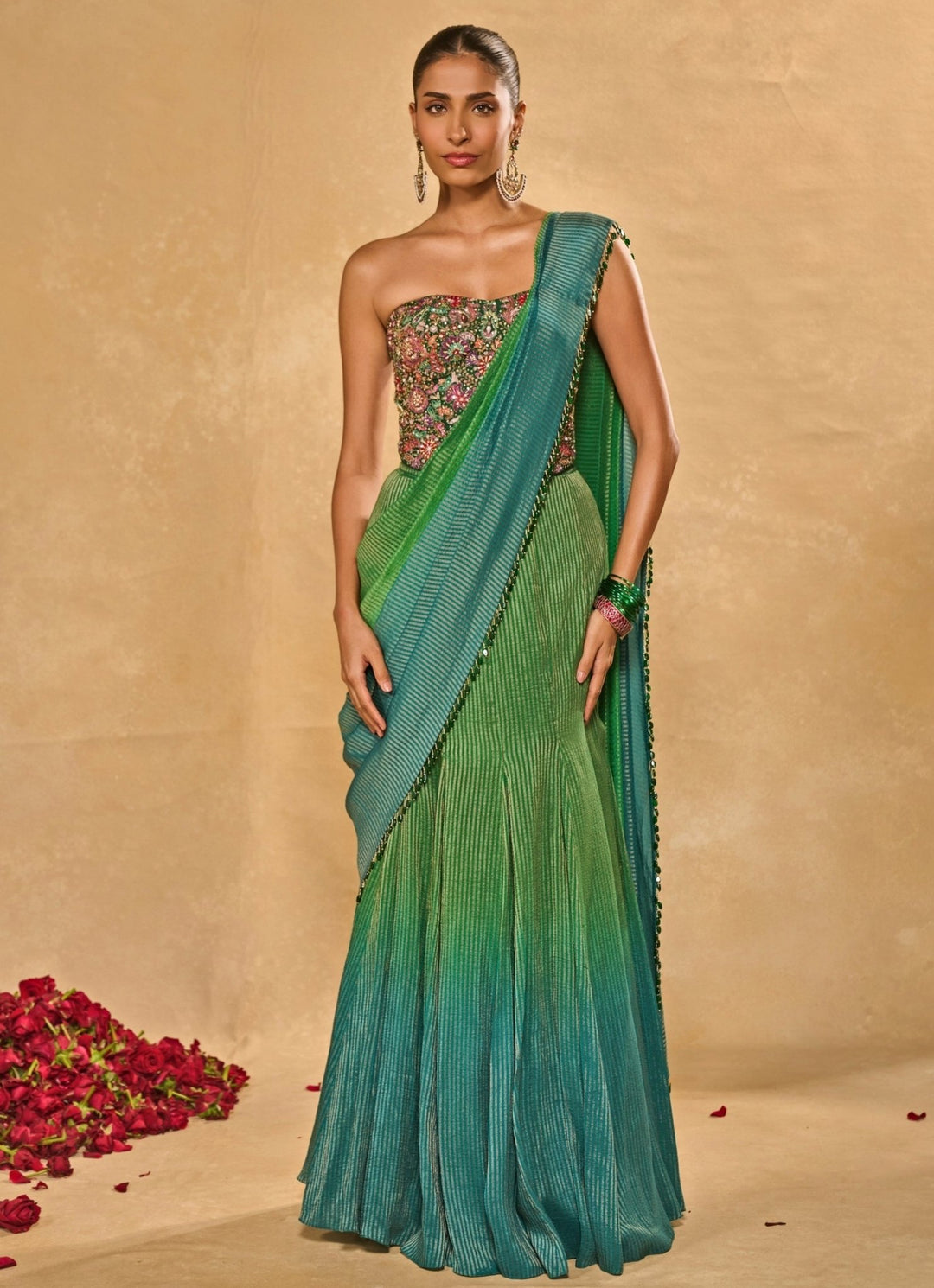Green And Blue Tissue Jamewar Ombre Corset Pre - Draped Saree Chamee and Palak - Fabilicious Fashion