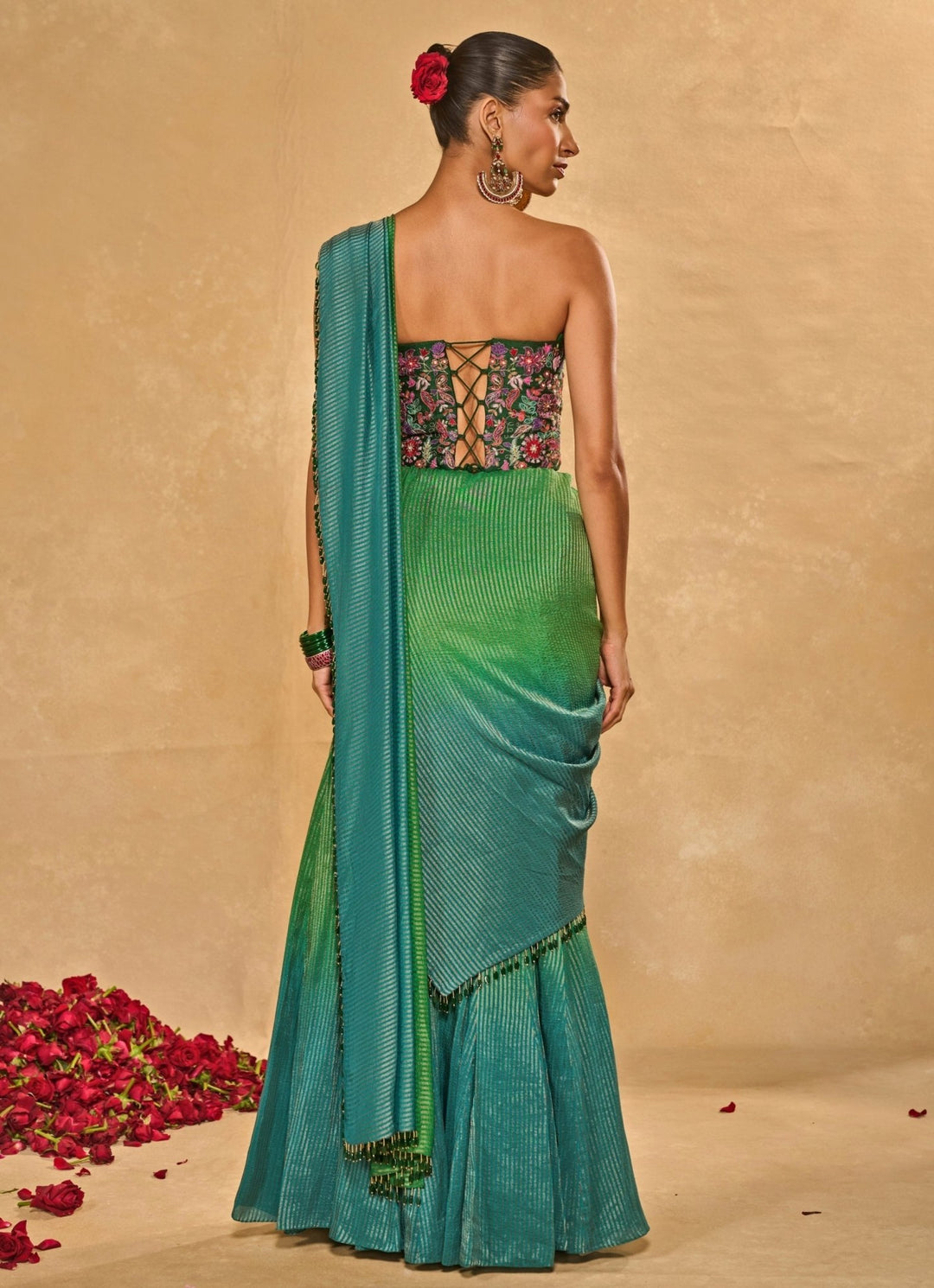 Green And Blue Tissue Jamewar Ombre Corset Pre - Draped Saree Chamee and Palak - Fabilicious Fashion
