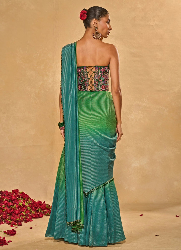 Green And Blue Tissue Jamewar Ombre Corset Pre - Draped Saree Chamee and Palak - Fabilicious Fashion