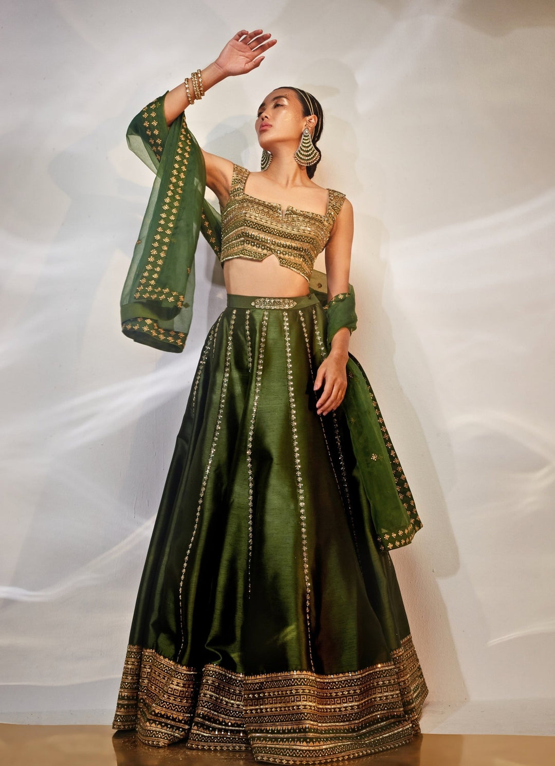 Green and Gold Embroidered Silk Lehenga Set Akara - Fabilicious Fashion