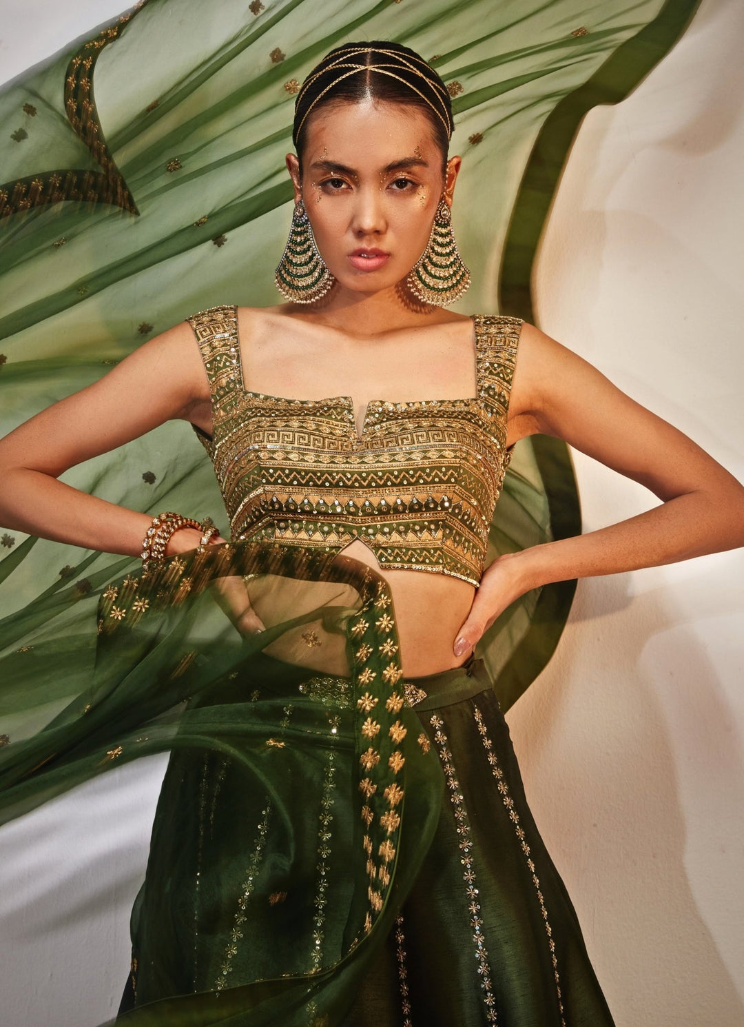 Green and Gold Embroidered Silk Lehenga Set Akara - Fabilicious Fashion