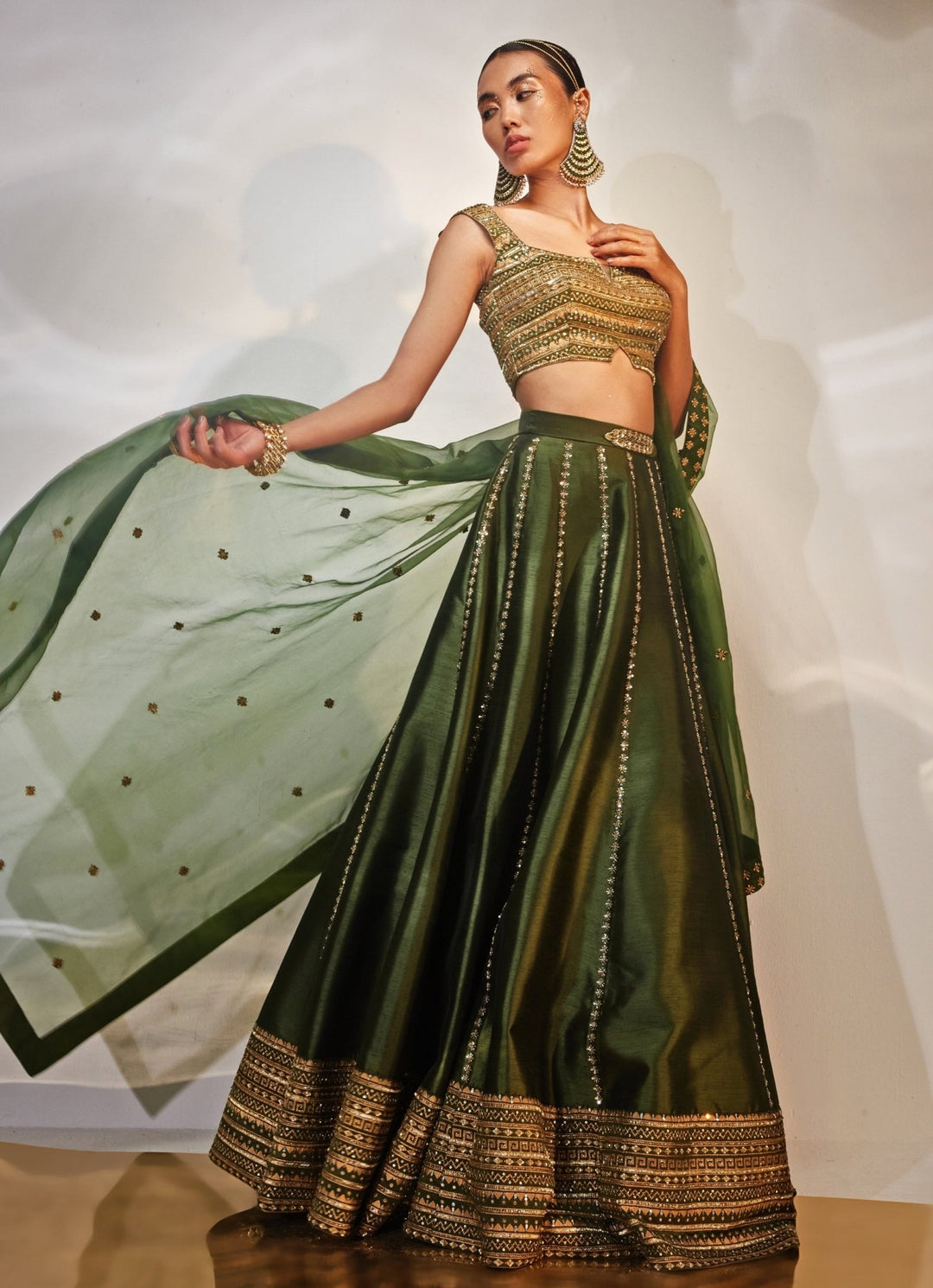 Green and Gold Embroidered Silk Lehenga Set Akara - Fabilicious Fashion