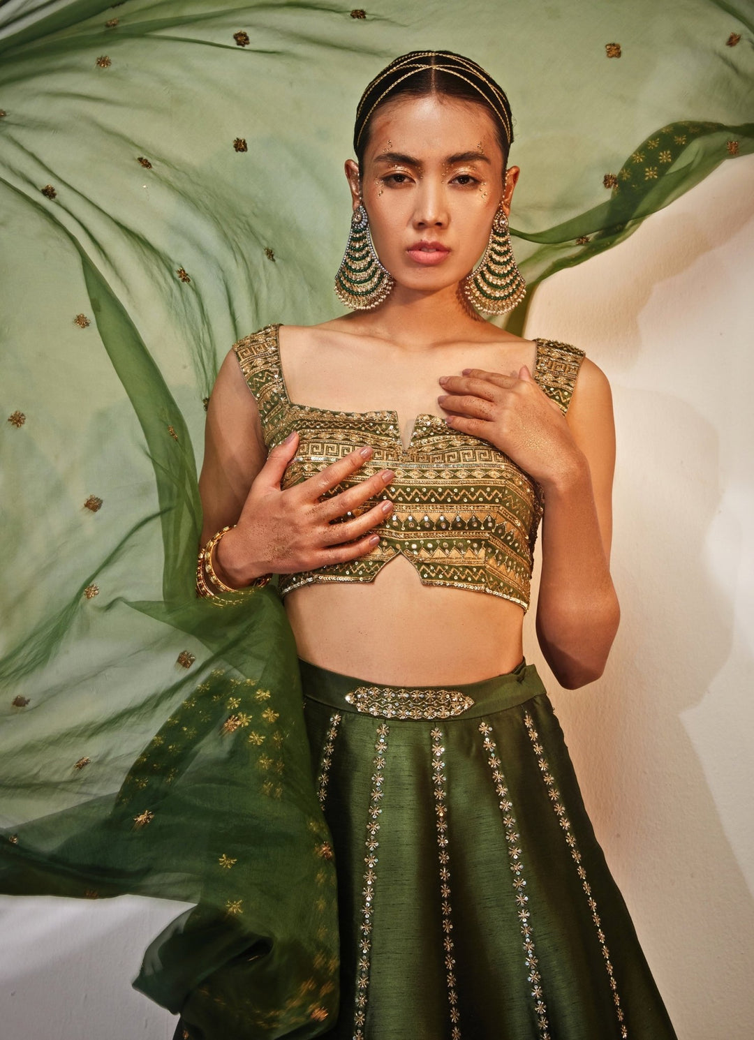 Green and Gold Embroidered Silk Lehenga Set Akara - Fabilicious Fashion