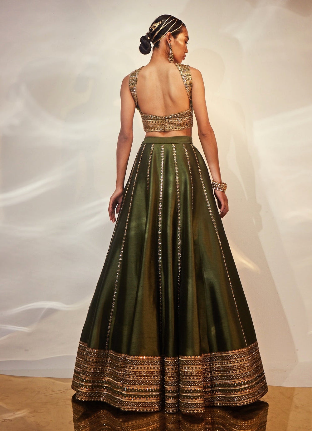 Green and Gold Embroidered Silk Lehenga Set Akara - Fabilicious Fashion