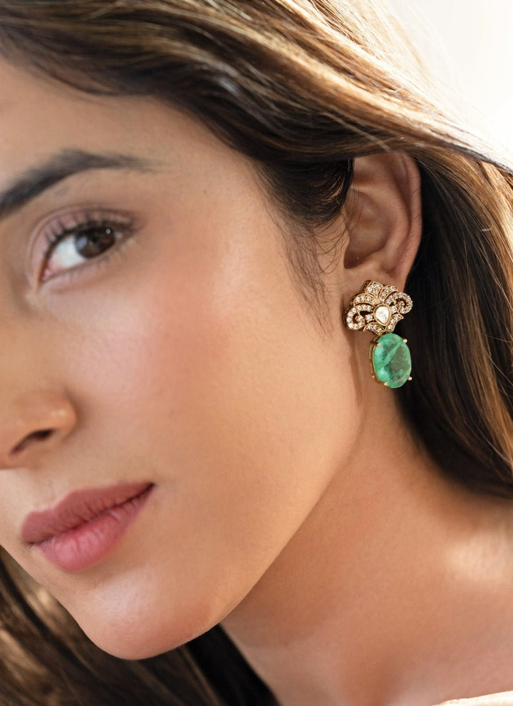 Do Taara Green And Gold Floral Polki EarringsFabilicious Fashion