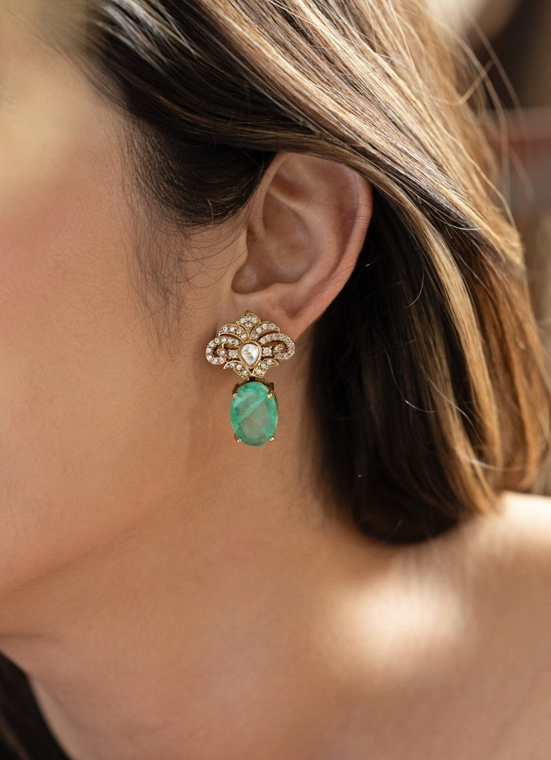 Do Taara Green And Gold Floral Polki EarringsFabilicious Fashion