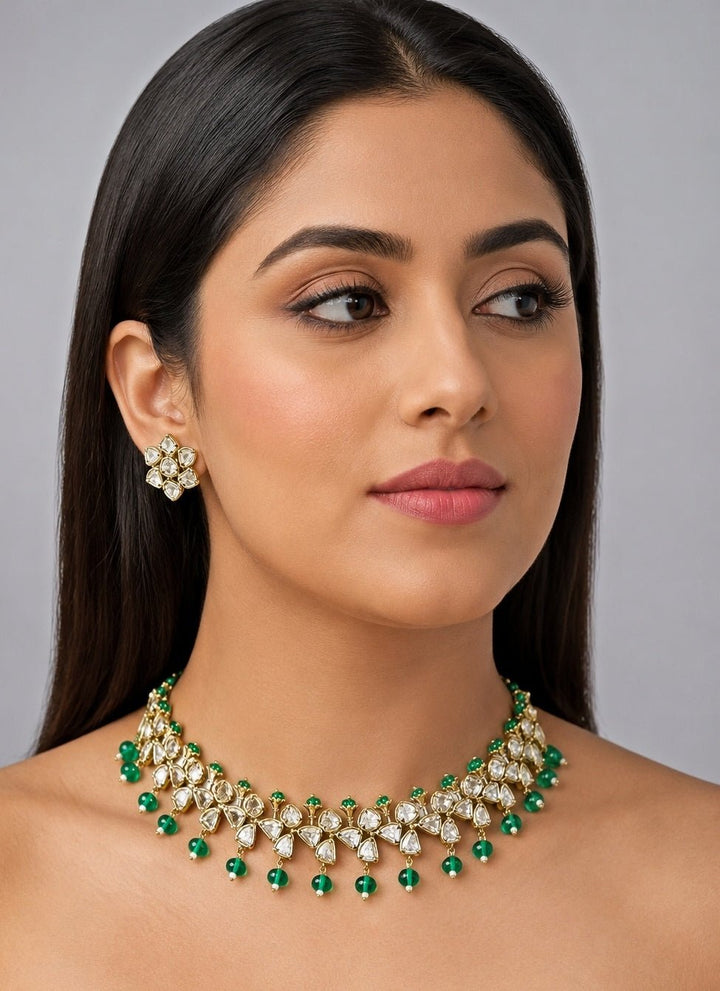 Zevar by Geeta Green And Gold Kundan Necklace SetFabilicious Fashion