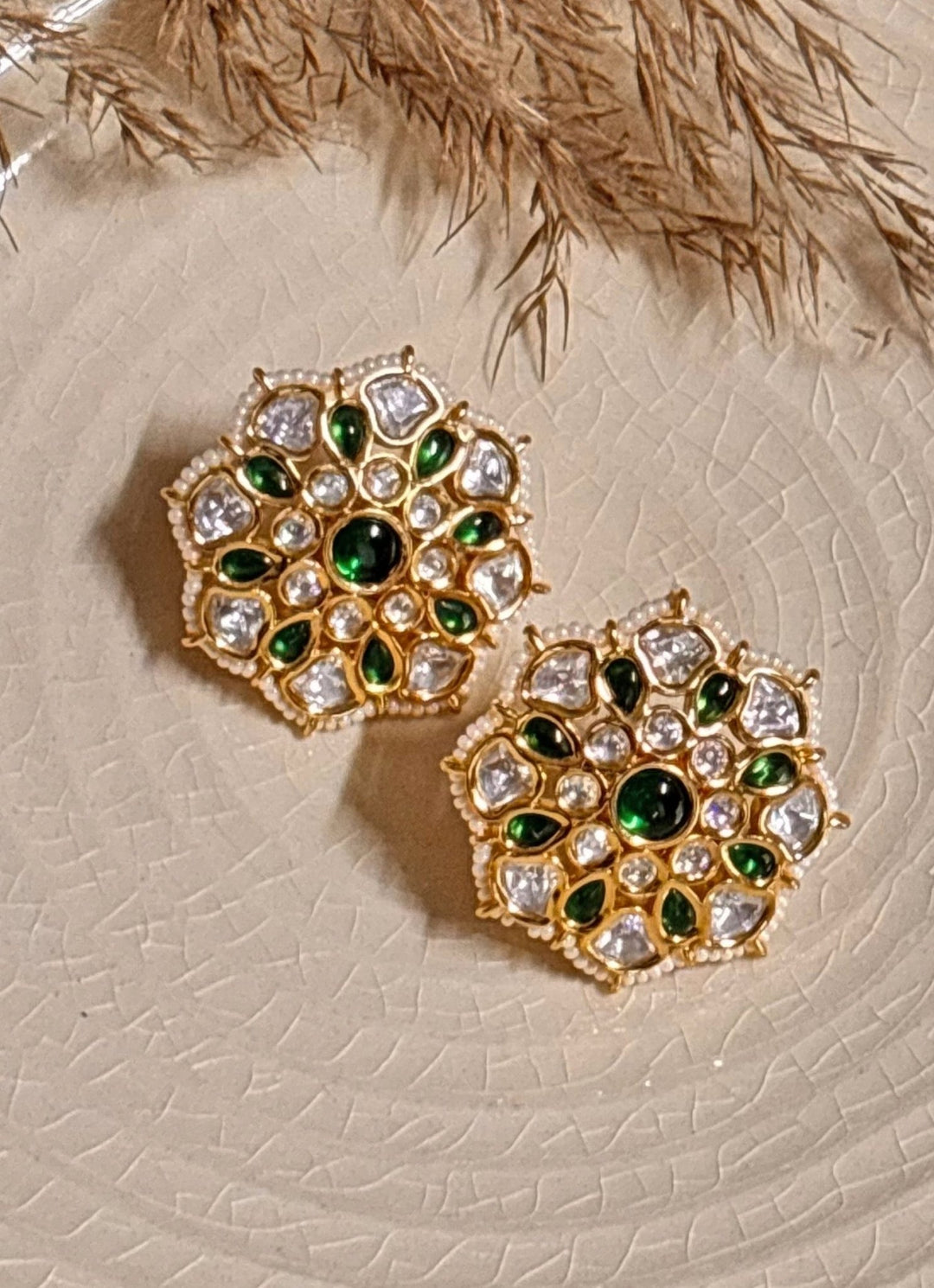 Naymee Green And Gold Kundan StudFabilicious Fashion