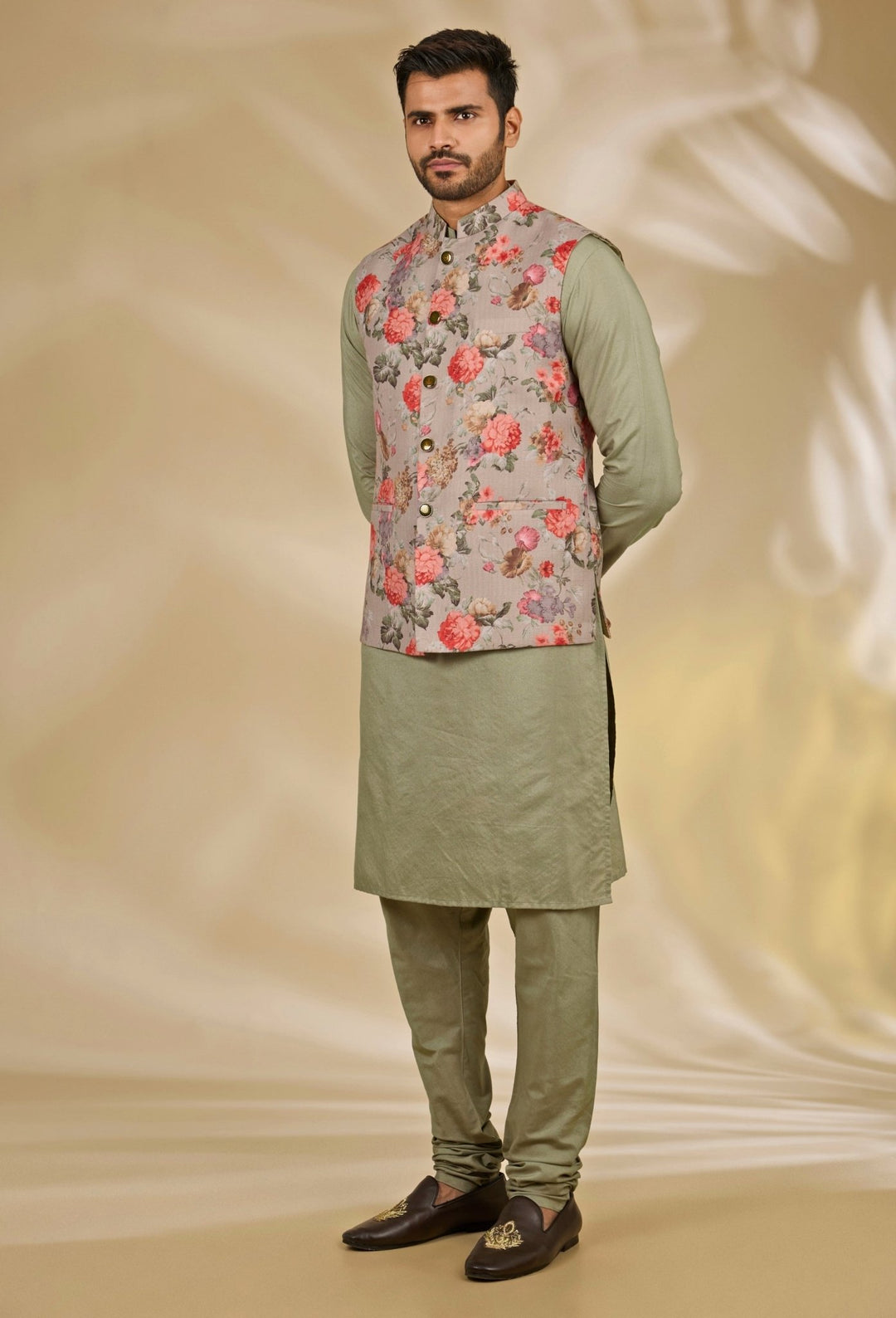 Green and Grey Printed Cotton Silk Bundi Set Manish Nagdeo - Fabilicious Fashion