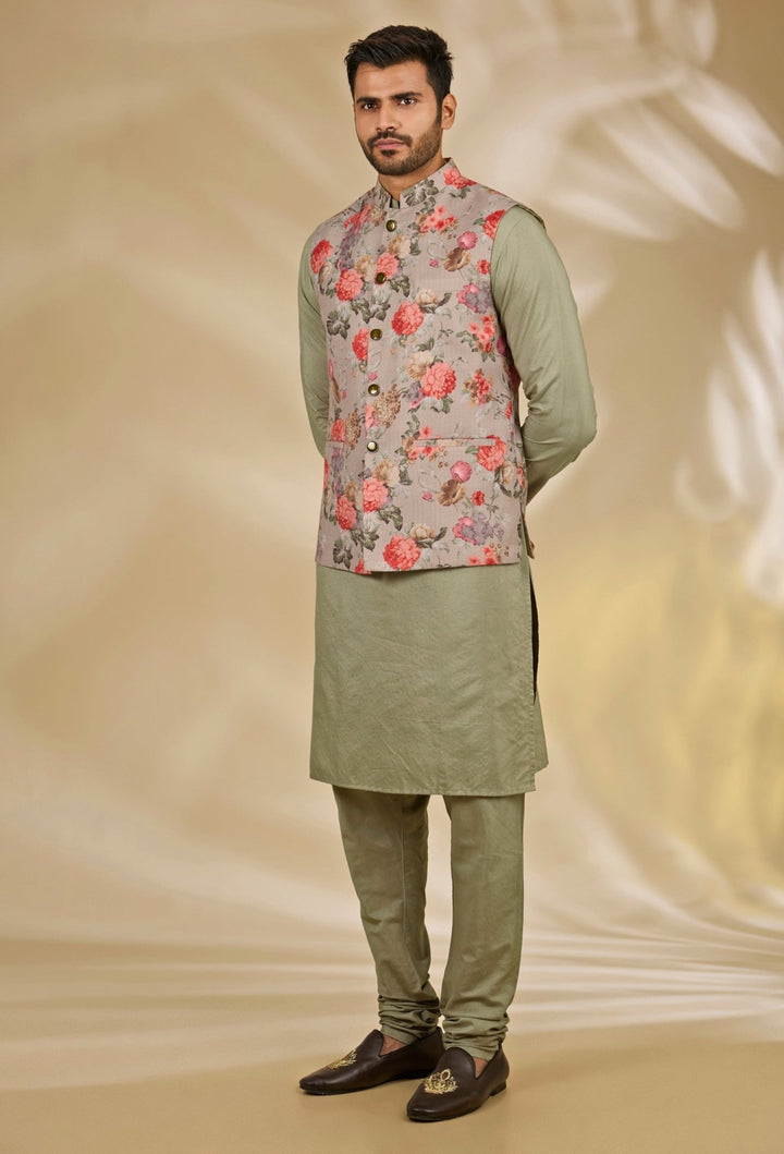 Manish Nagdeo Men Green and Grey Printed Cotton Silk Bundi SetFabilicious Fashion
