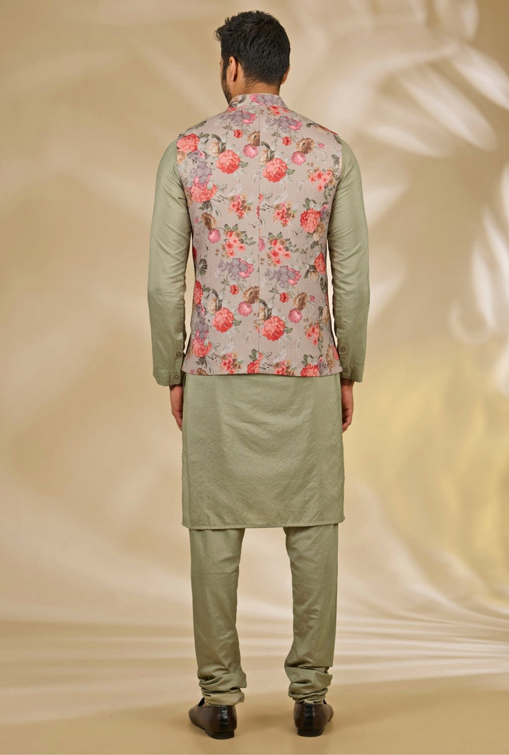 Manish Nagdeo Men Green and Grey Printed Cotton Silk Bundi SetFabilicious Fashion