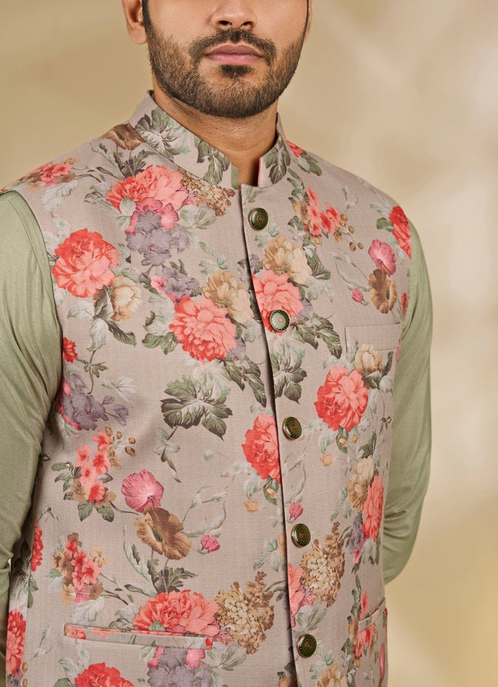 Manish Nagdeo Men Green and Grey Printed Cotton Silk Bundi SetFabilicious Fashion