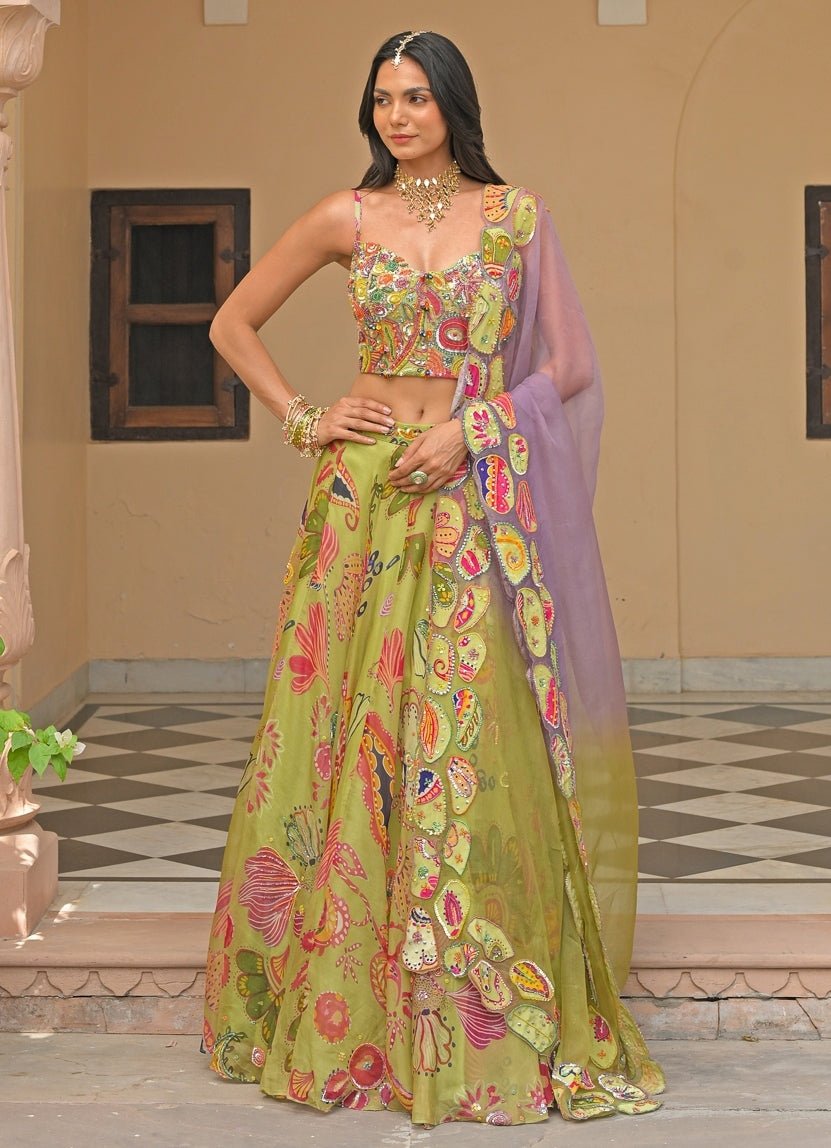 Juhi Bengani Green And Lavender Organza Corset Lehenga SetFabilicious Fashion