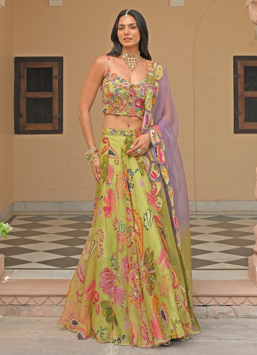 Juhi Bengani Green And Lavender Organza Corset Lehenga SetFabilicious Fashion