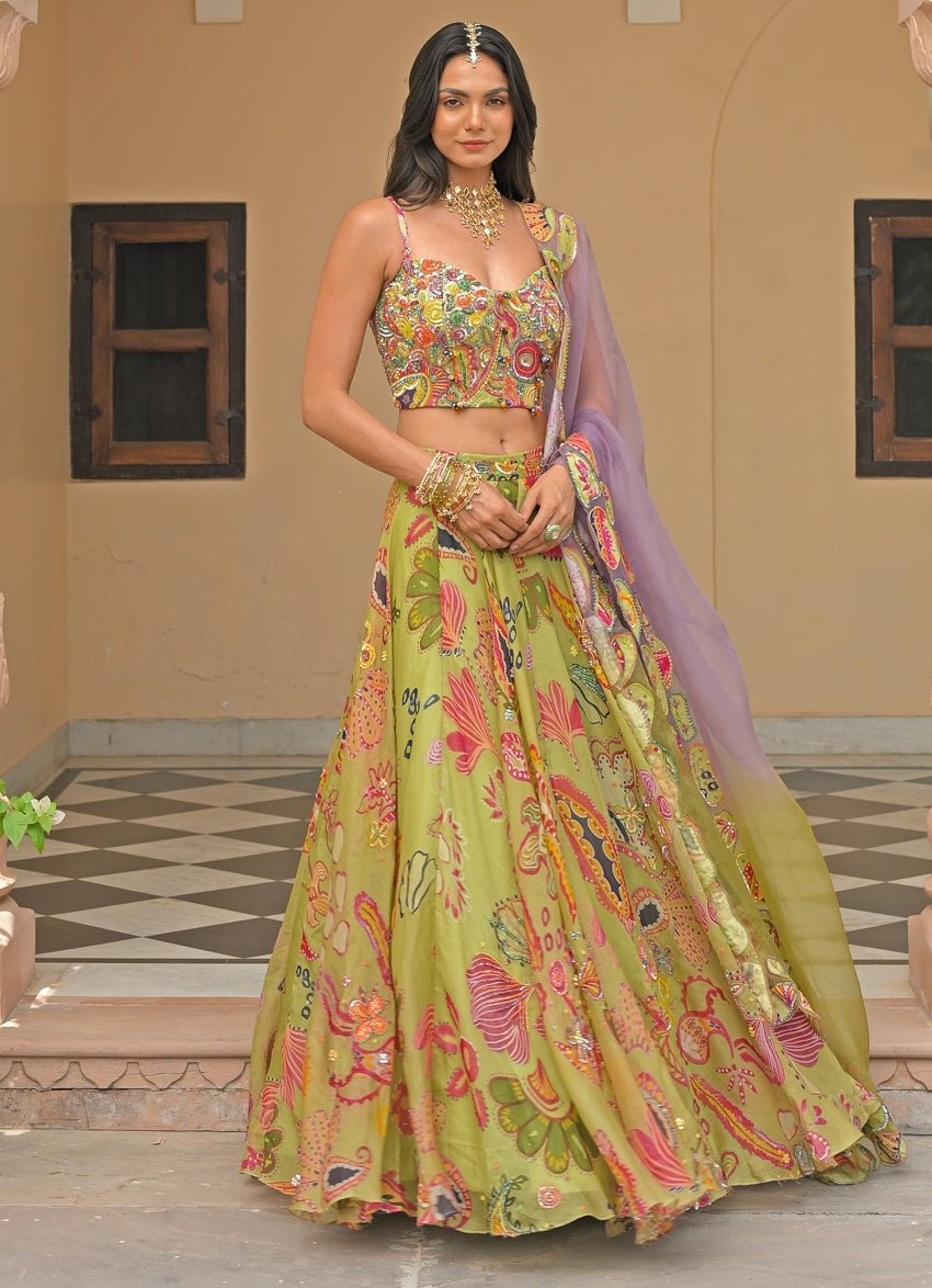 Green And Lavender Organza Corset Lehenga Set Juhi Bengani - Fabilicious Fashion